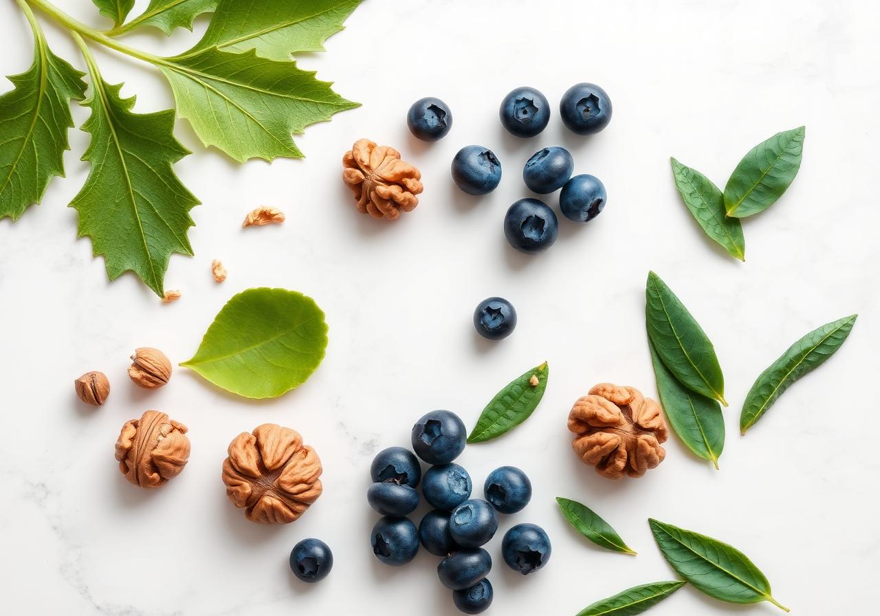 Natural brain-boosting ingredients including ginkgo, bacopa, blueberries and walnuts