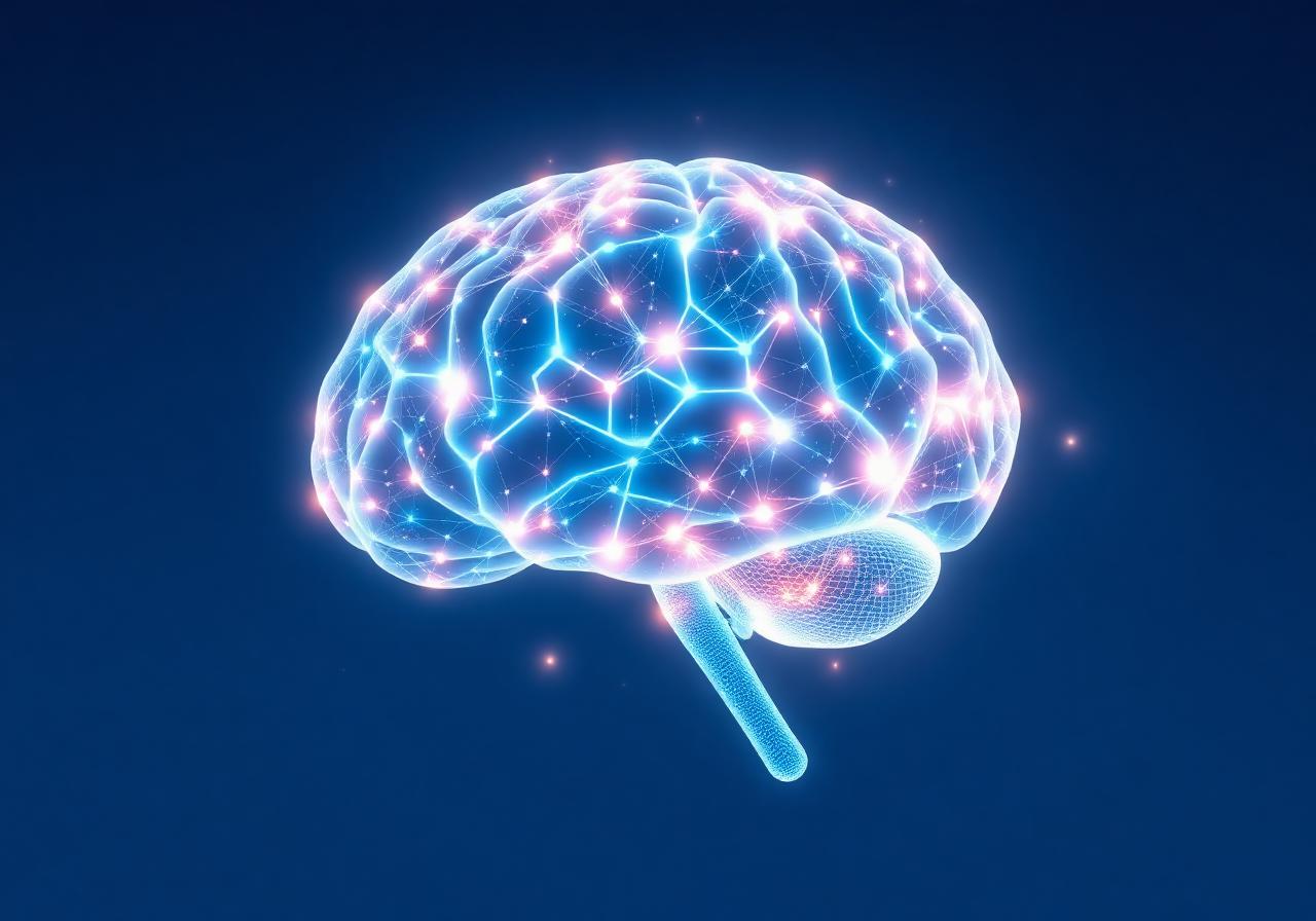 Illustration of an active human brain with glowing neural connections