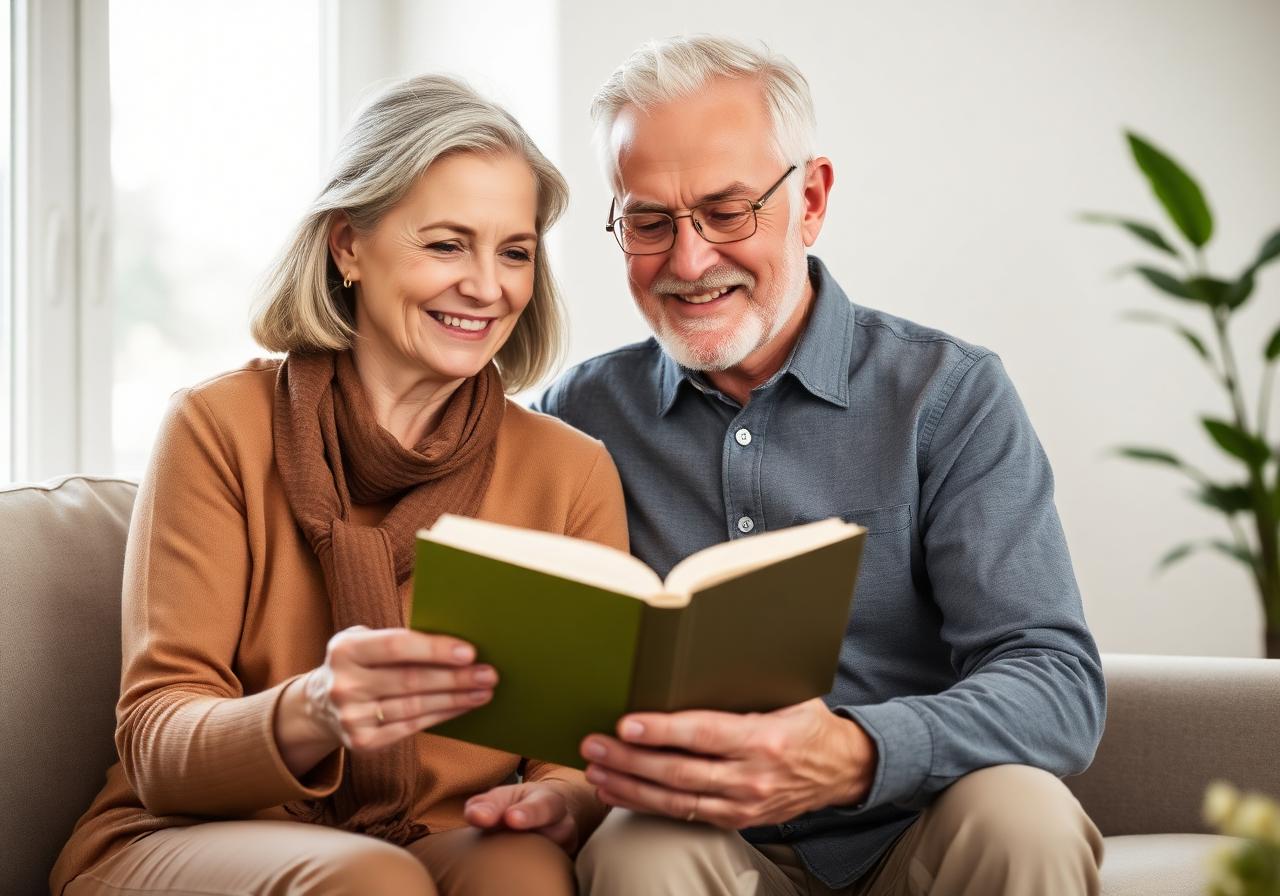 Sharp, focused senior couple enjoying reading together at home